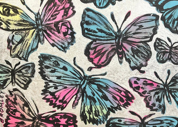 'Spring butterflies on silver' David Bromley Acrylic on canvas with silver metal leaf gilding. 60 x 90cm