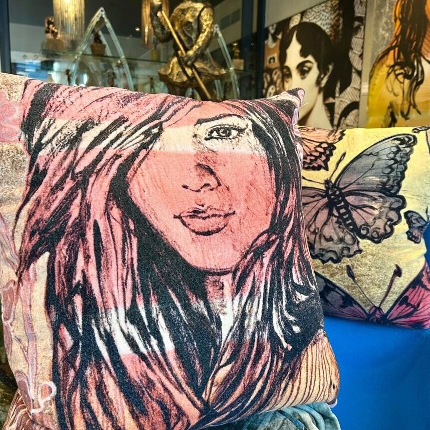 'Rosie Amongst the Blooms' Cotton Velvet Cushion by Bromley Studio. 60 x 60cm