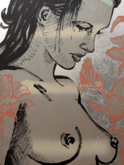 'Romy' David Bromley. Acrylic on canvas with silver metal leaf gilding. 120 x 90cm.