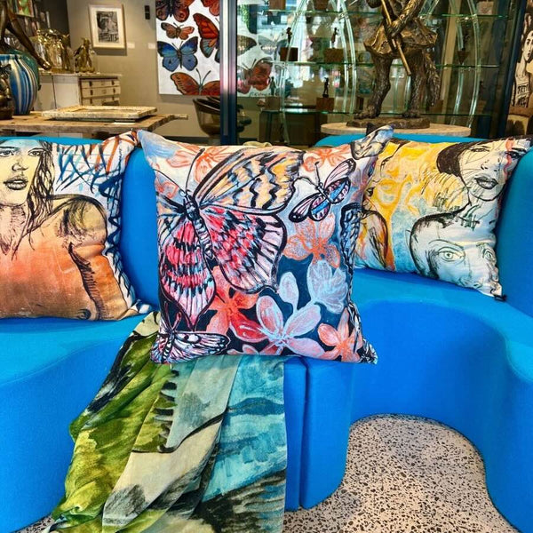 'Spring Butterflies with Blooms' Linen Cushion by Bromley Studio. 60 x 60cm